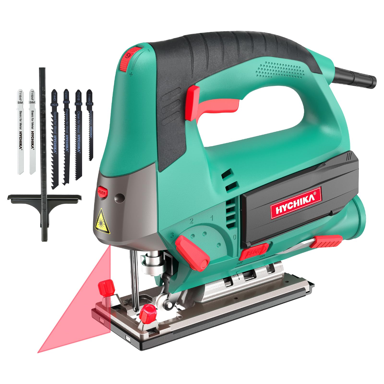 Photo 1 of HYCHIKA Jig saw, 6.7A Jig Saw 800-3000SPM with 6 Variable Speeds, 4 Orbital Sets, Bevel Angle 45°, 6PCS Blades, Pure Copper Motor, Laser Guide, Wood Metal Plastic Cutting