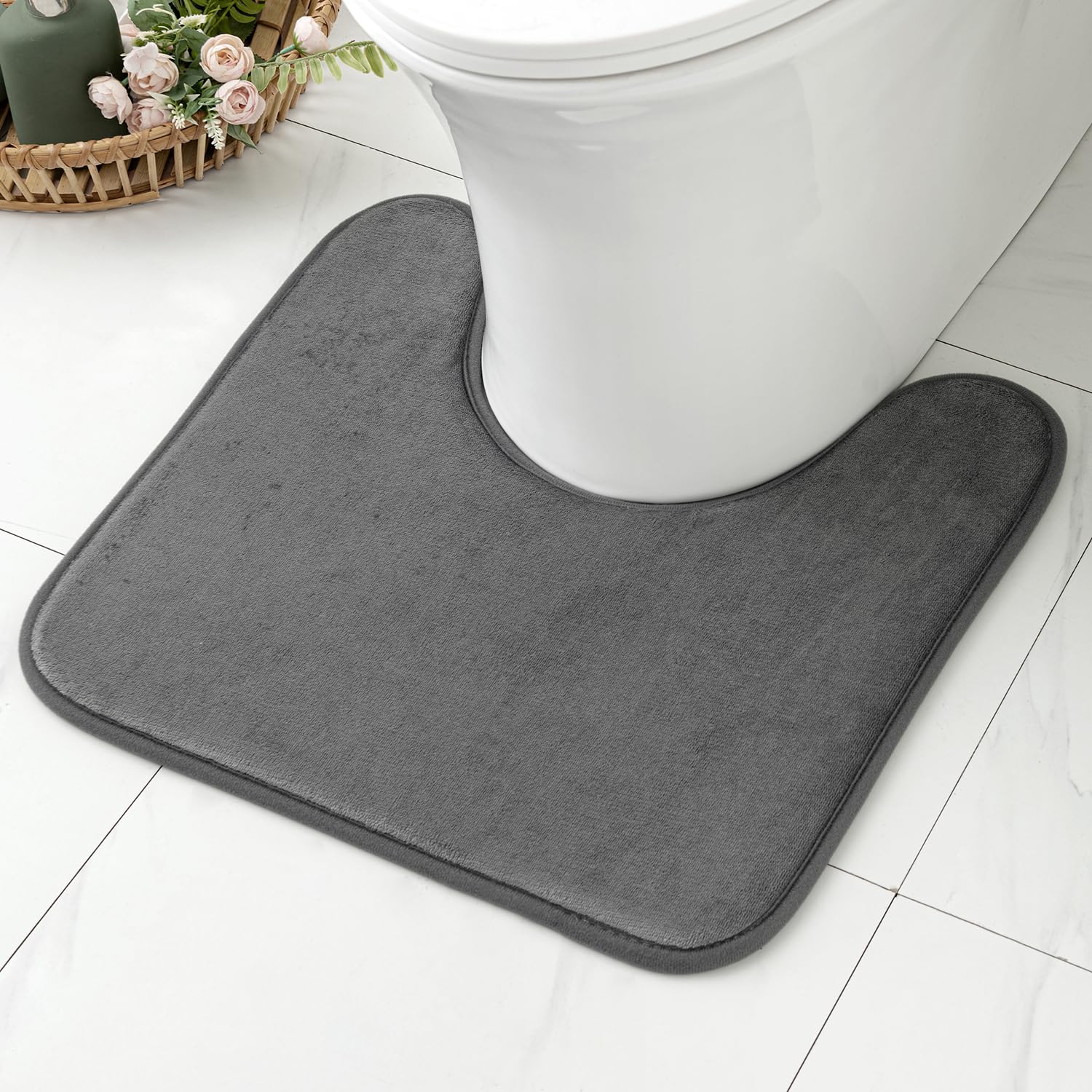 MIULEE Non Slip Toilet Mat Pedestal Mat for Toilet WC Bath Mat Absorbent Washable Thickened Soft - U Shape Bathroom Mat 45x45 cm Black