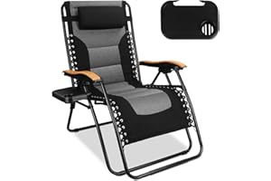 Northroad Oversized Zero Gravity Chair 29In XL Padded Folding Recliner Chair for Indoor Outdoor Backyard w/Headrest, Wooden A