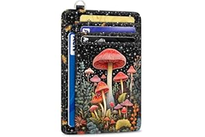 Yonlevres Mushroom Credit Card Holder Slim Wallet, RFID Wallet Women Front Pocket Small Card Holder, Travel Funny Cute Thin Card Case with ID Window PU Leather RFID Blocking Card Organizer Gifts Girls