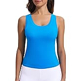 PINSPARK Crop Workout Tops for Women Double Lined Athletic Tank Tops Scoop Neck Tennis Tanks Sleeveless Sport Shirts, Blue Medium