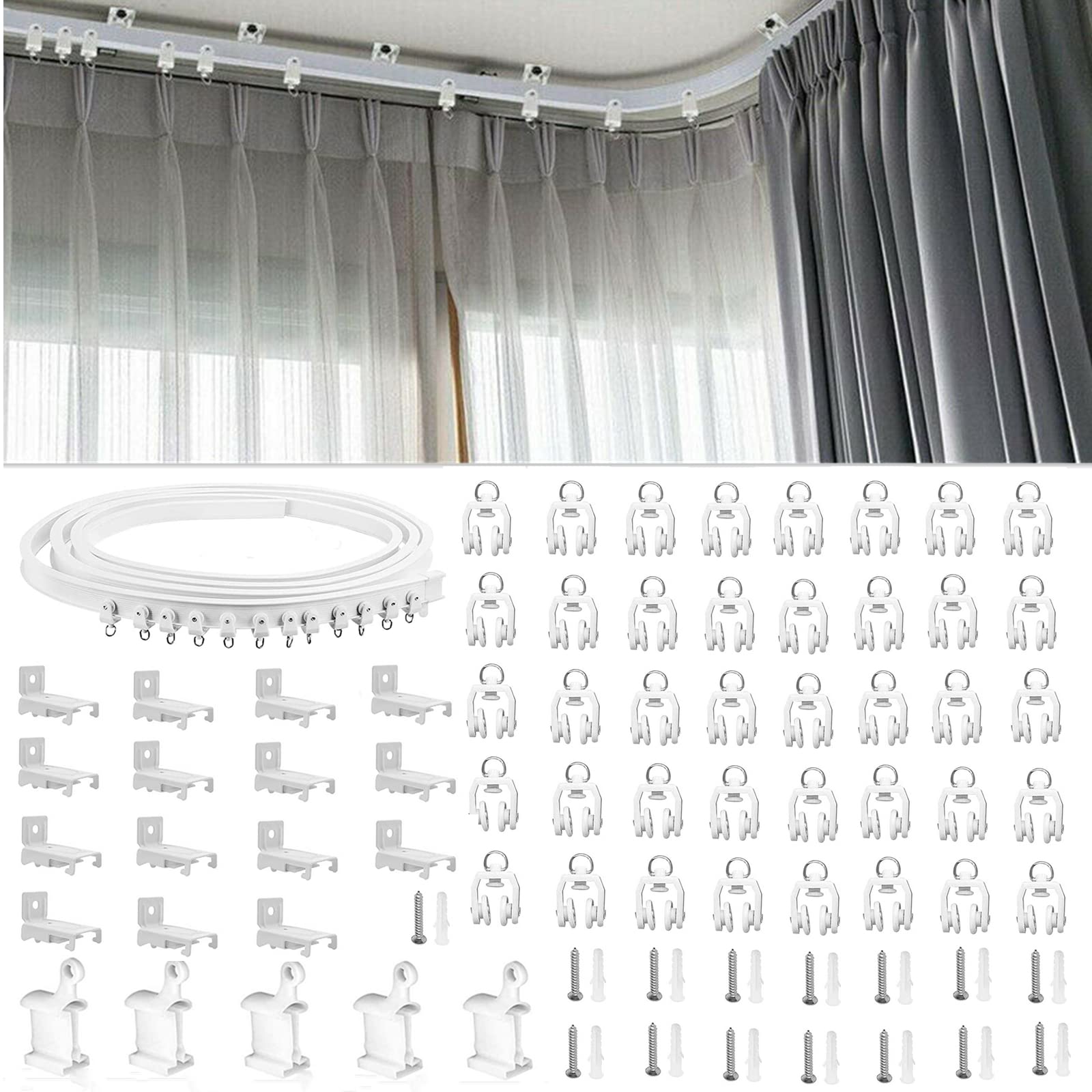 TOPWA 5 Meter Flexible Plastic PVC Curtain Track Runner Rail Wall Ceiling Mounted Fixing Hooks Shower Curtains Room Divider with Instruction Mounting Accessories Include White (Side clamping)