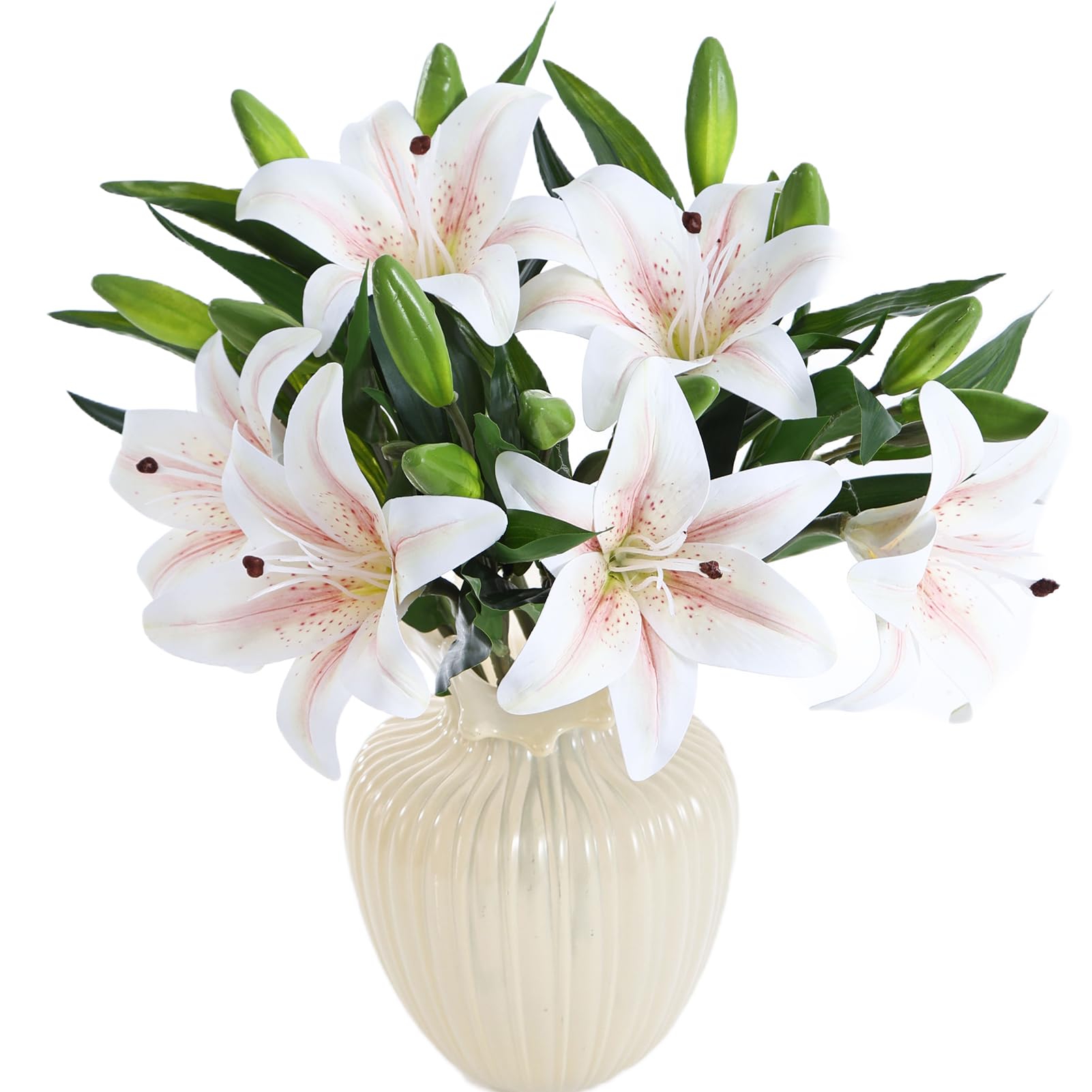 Photo 1 of (used/fair) Kimura's Cabin 6Pcs Artificial Tiger Lily Flowers Real Touch Plastic Easter Spring Fake Lilies Bouquet Wedding Table Centerpiece Home Office Decor, Cemetery Grave Decorations (Pink core White)