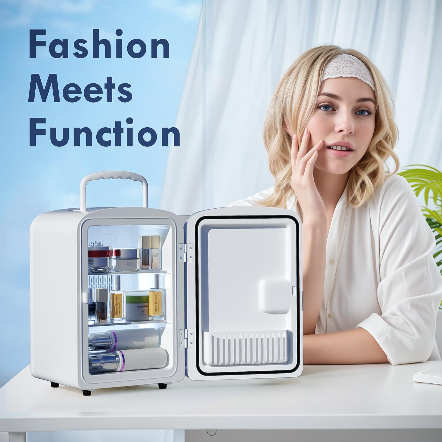 COYCYQI 9L Mini Fridge for Bedroom - Car, College Dorm Room & Office Desk 12v Portable Cooler Warmer Skincare, Beauty Makeup, Drinks, Food AC/DC Small Refrigerator with Glass Front, 110 Volts, White