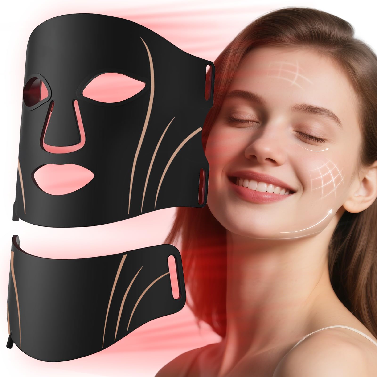 Facego Red Light Mask for Face and Neck - Facial Skin Care Device, Portable, Lightweight, Rechargeable and Ergonomic Design for Home (Black)