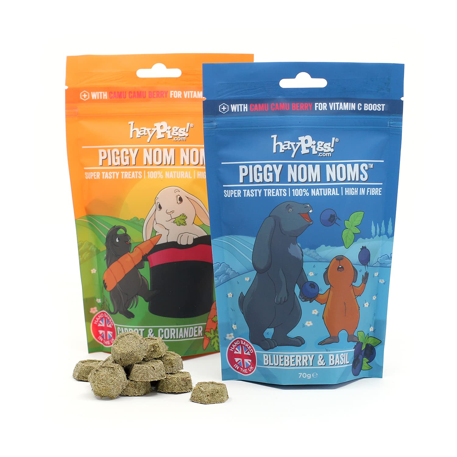 HayPigs Piggy Nom Noms Variety 2 x 70g Natural Guinea Pig Treats with Guinea Pig Vitamin C - Perfect for Rabbit Treats with 1 x Blueberry and Basil and 1 x Carrot & Coriander