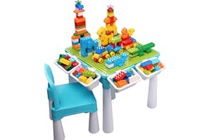 Burgkidz 5-in-1 Flip Top Activity Table and Chair Set with Storage, 128 PCs Building Blocks Compatible with Major Brands, Kids Play Desk for Toddlers Ages 2-8, Gift for Boys & Girls (Blue)