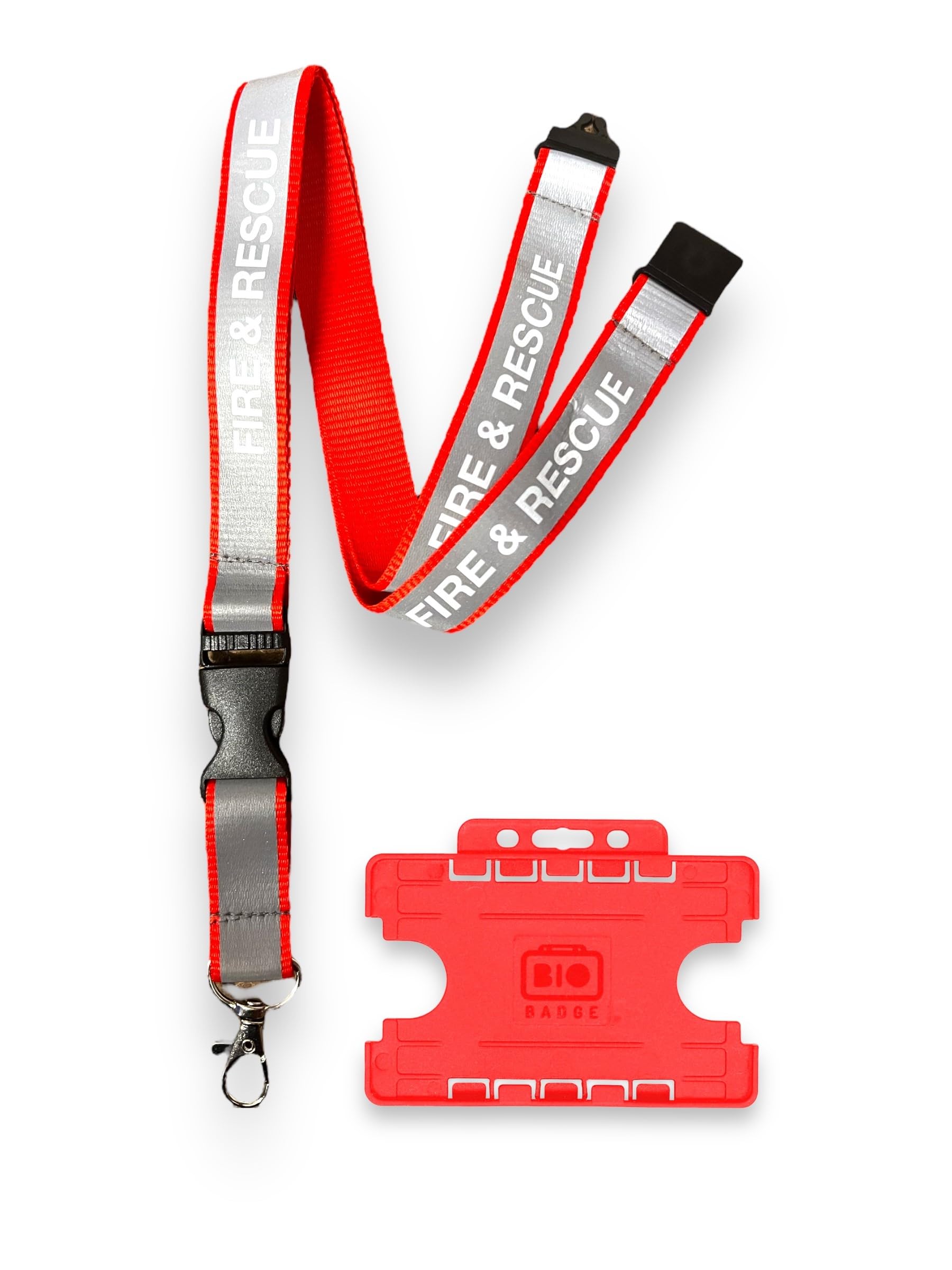 20mm Red Fire and Rescue Reflective Lanyard Safety Breakaway & Detachable Buckle Clip & Red Horizontal ID Card Holder