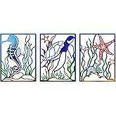 ORNAROVI 3 Pieces Metal Sea Turtle Wall Decor Seahorse Starfish Coastal Wall Art Beach Bathroom Decor Ocean Hanging Outdoor Wall Sculpture for Living Room Garden Yard Pool (16 x 12 in)