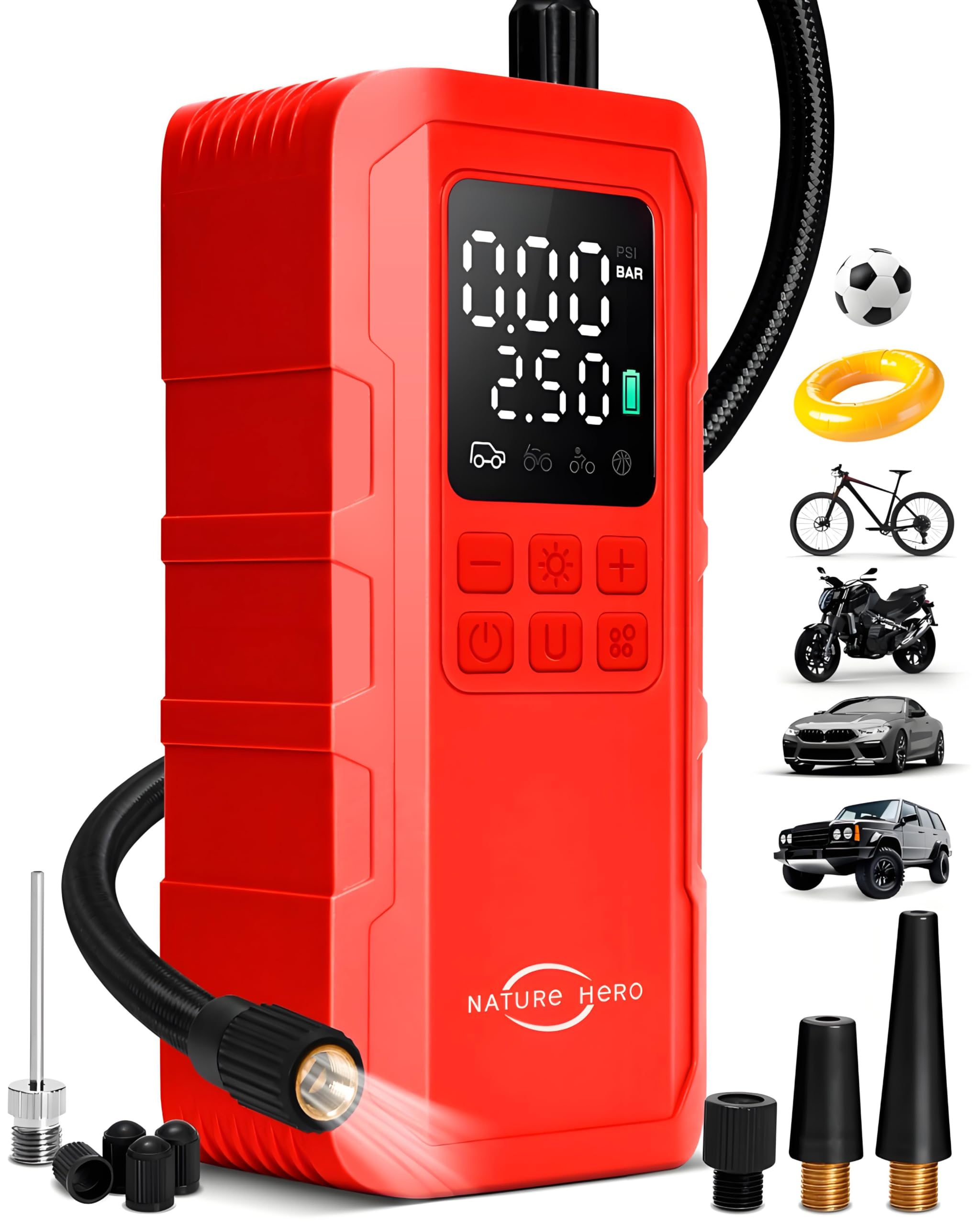 Photo 1 of Nature Hero Tire Inflator Portable Air Compressor,150 PSI car tire air Pump Portable with Digital LCD Pressure Gauge,Electric Air Pump for Motorcycle Tires,Bicycle Tires and Balls,Red