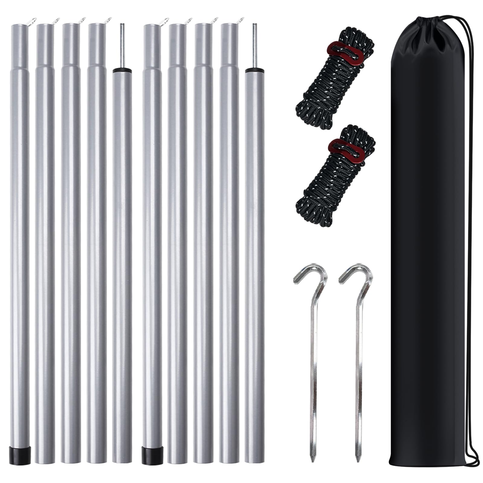 MI CASA Tent Tarp Poles Set of 2 with Pegs & Reflective Ropes, Universal Telescopic Adjustable Aluminium Camping Awning Poles Tent Accessories for Camping Tarp Awning Shelter Canopy Sunshade, Grey