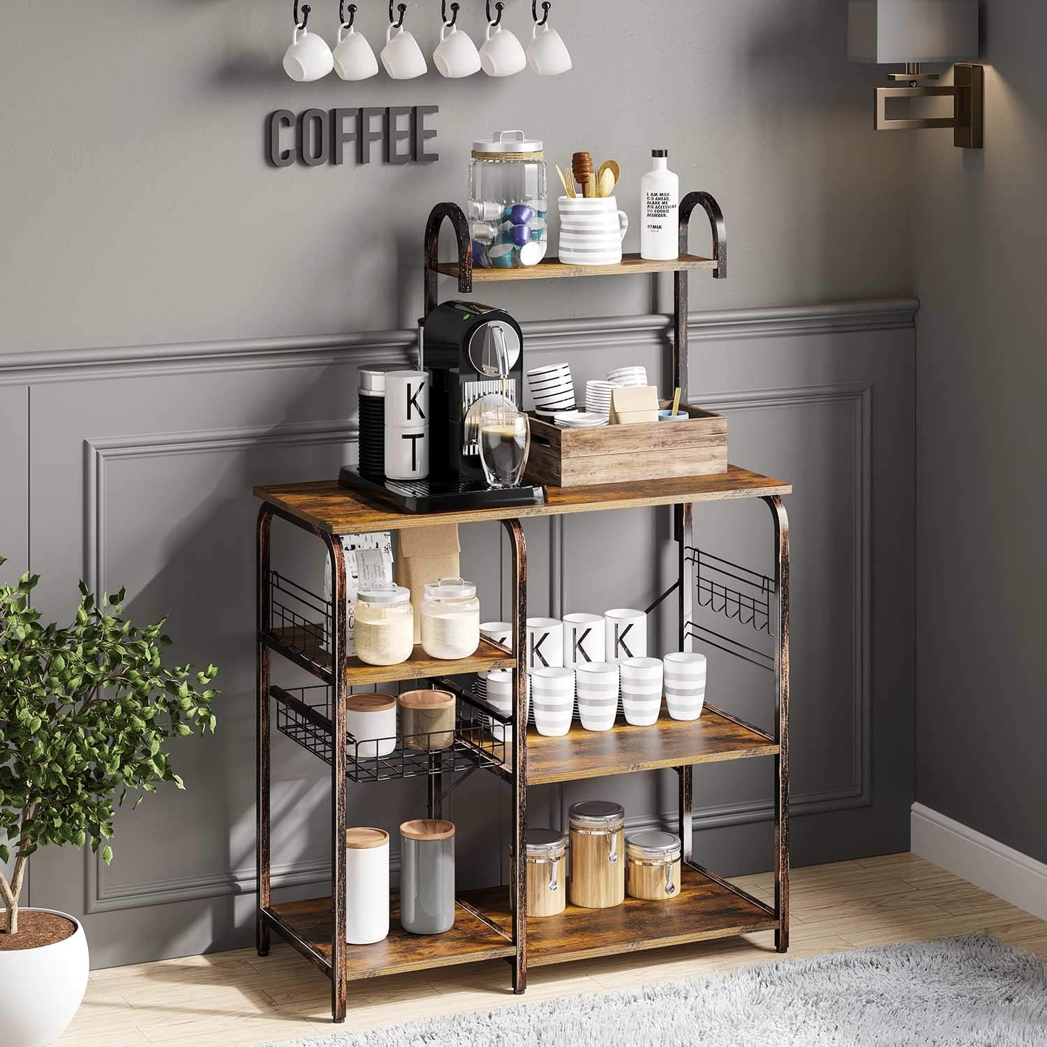 Rolanstar Kitchen Baker's Rack, Large Capacity Utility Storage Shelf, Microwave Stand with 7 Shelves and 12 Hooks, Foldable Pull Basket, Stable Retro Metal Frame - Standing Baker's Racks