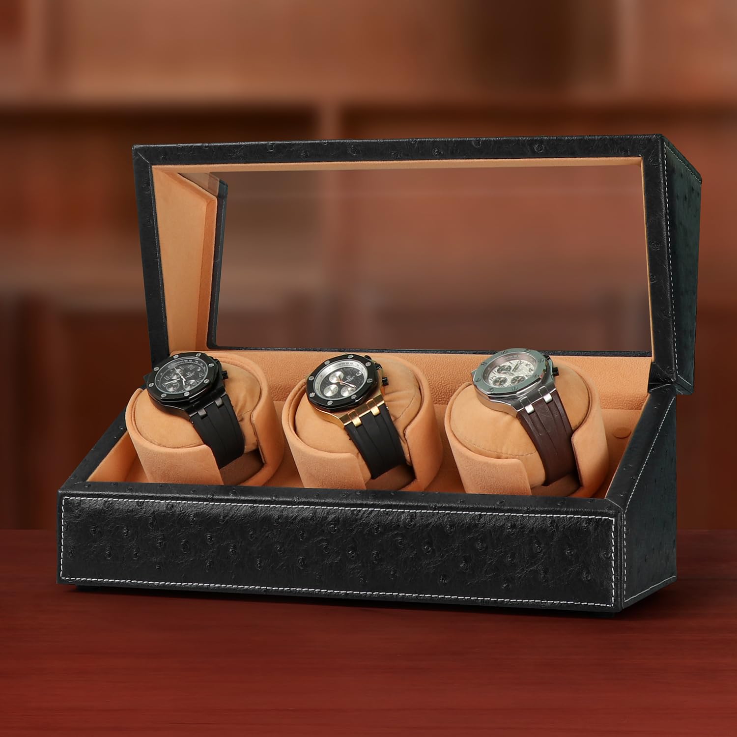 DRIKLUX Automatic Watch Winder for Rolex and Other Luxury Watches - Automatic Winder with Quiet Motor, Premium Black Ostrich Leather Exterior and Soft Flexible Watch Pillows of Camel Velvet