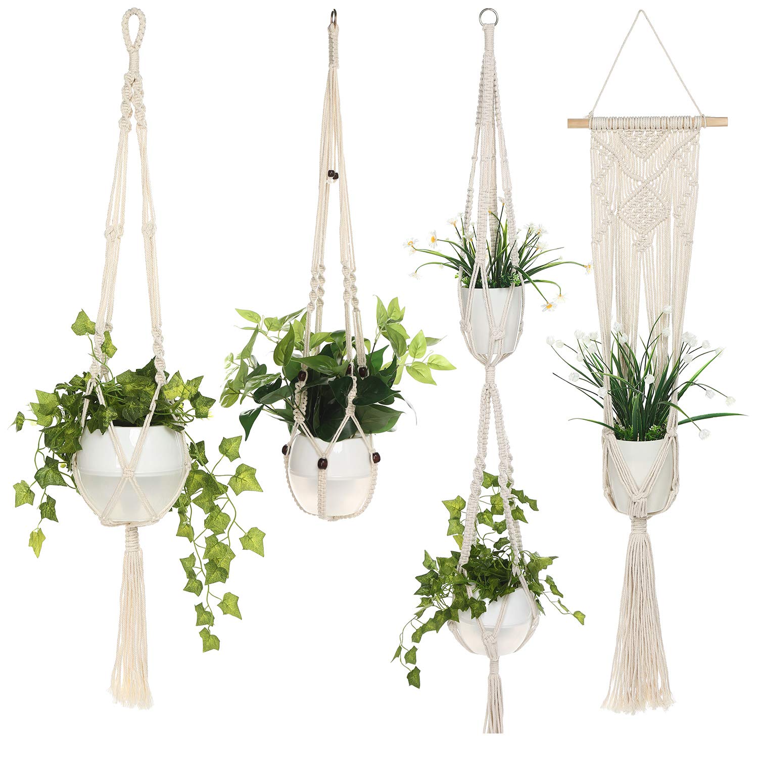 Akarden Macrame Plant Hanger 4 Pack Indoor/Outdoor Wall Planter Basket Cotton Rope Flower Pots Holder, Modern Boho Decor