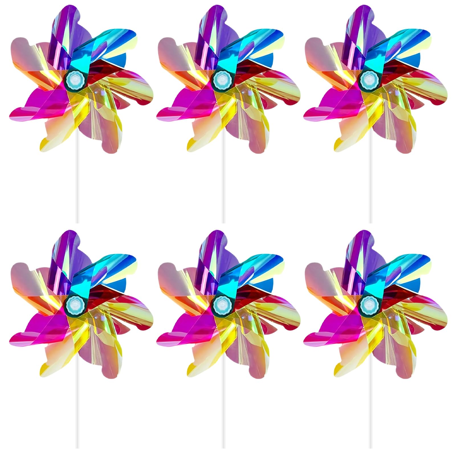 6 Pcs Rainbow Pinwheels, Colorful Reflective Bird Scarer Windmill, Lawn Garden DIY Windmill, Sparkly Wind Spinners for Outdoor Yard Garden Lawn Boys Girls Party Pinwheels Party Favor