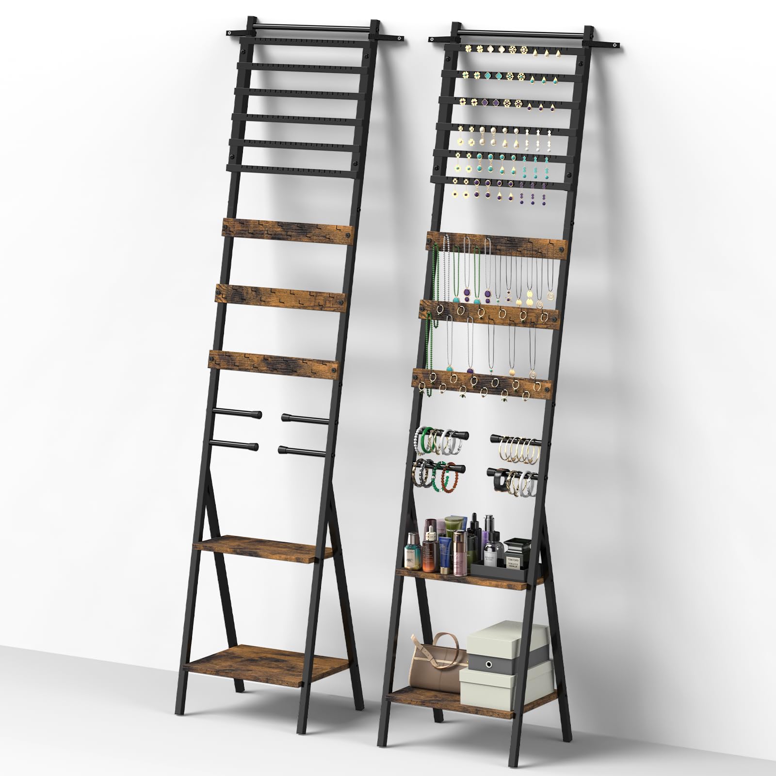 Photo 1 of Tuenort Large Jewelry Organizer Stand, 54 Hole & 120 Slots for Earring Holder Organizer, 36 Hooks Necklace Holder Organizer, 4 Bracelet Holder Display Stand, Jewelry Display for Vendors, Rustic Brown