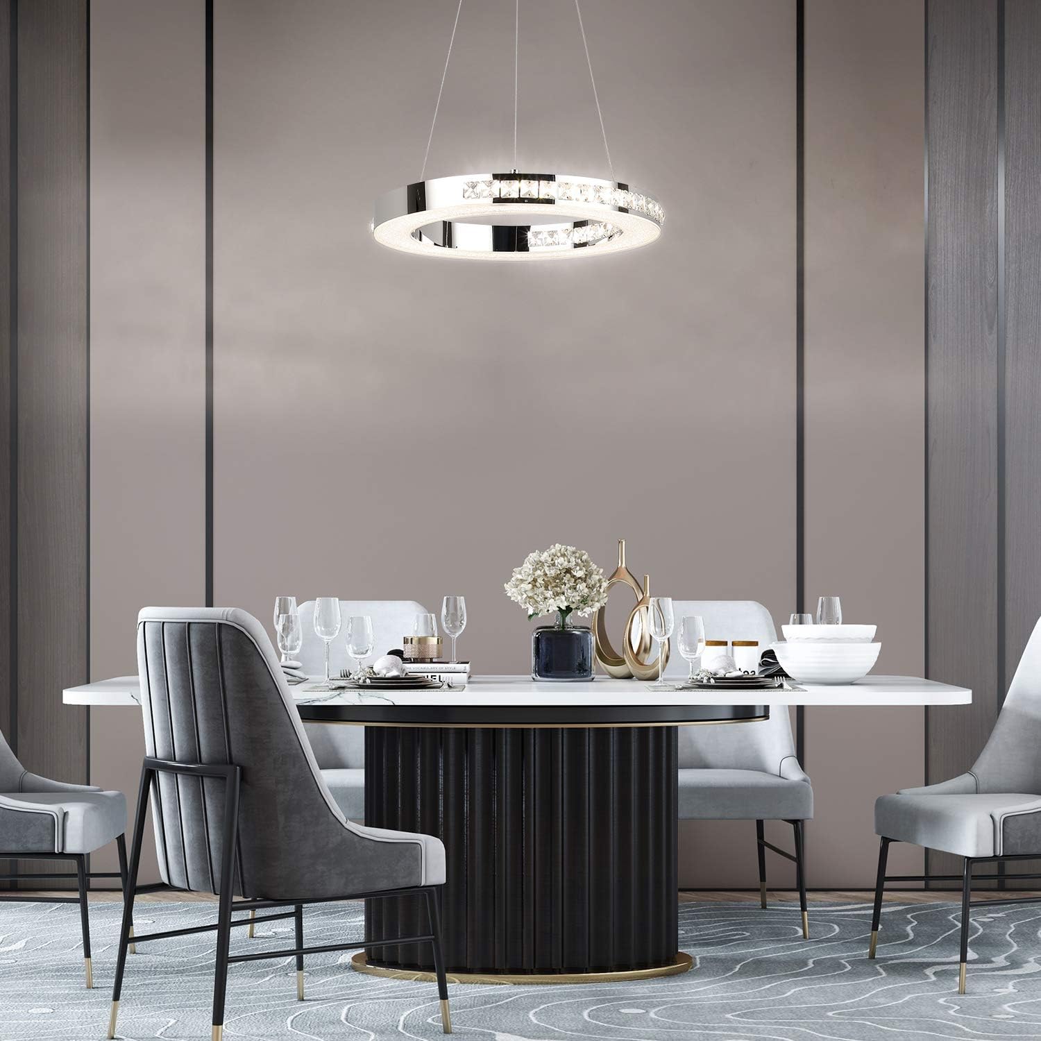 Modern Chandelier Fixtures LED Hanging Lamps 1 Ring 15.57" Diameter, Joossnwell 30W Crystal Pendant Lighting Dimmable Dining Room Ceiling Light for Living Room Bedroom Natural Light 4000K - - 