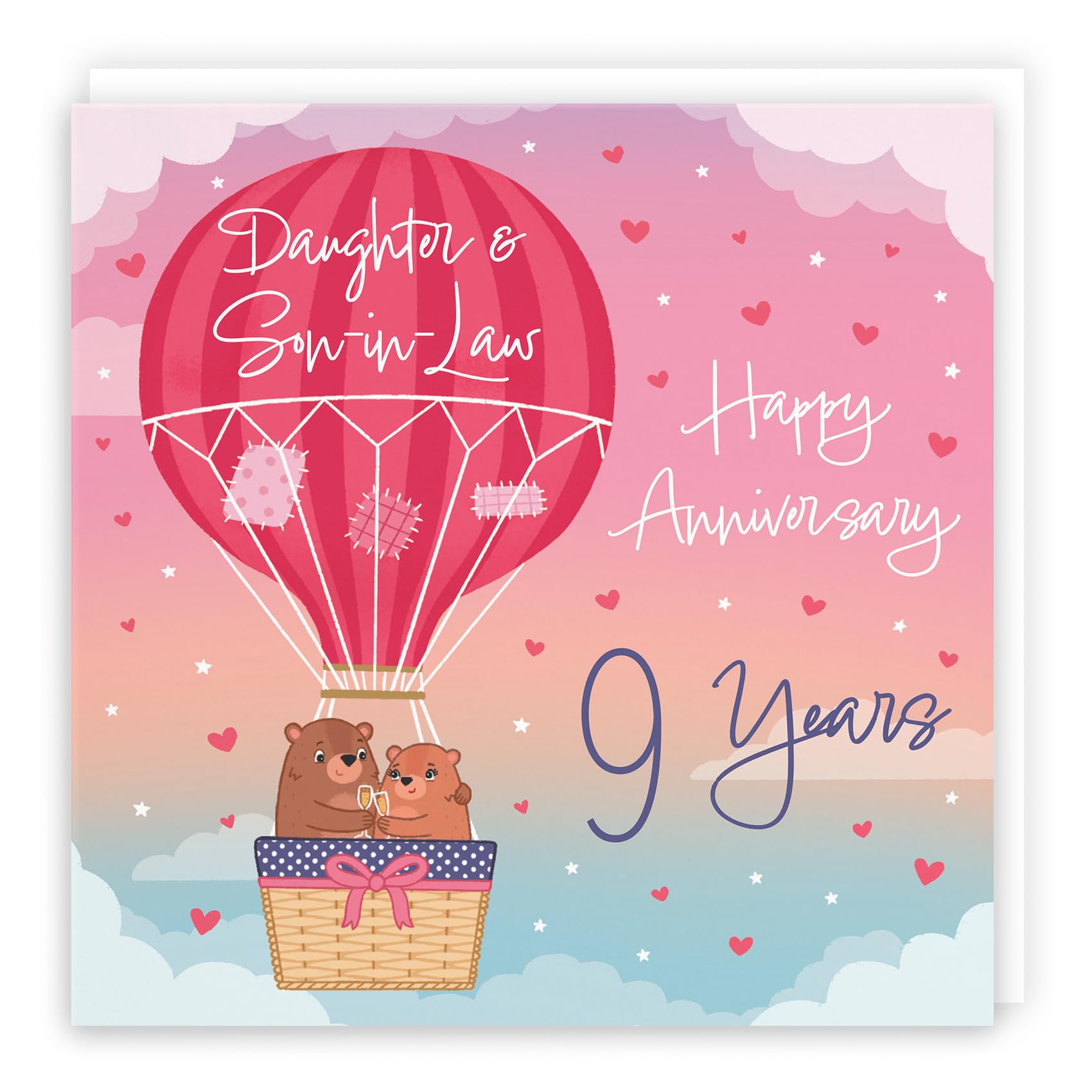 Hunts England - Large 9th Daughter And Son-in-Law Hot Air Balloon Anniversary Card - Cute Bears - 9th Anniversary Card For Daughter And Son-in-Law - 9th Anniversary Card - 210 x 210 mm