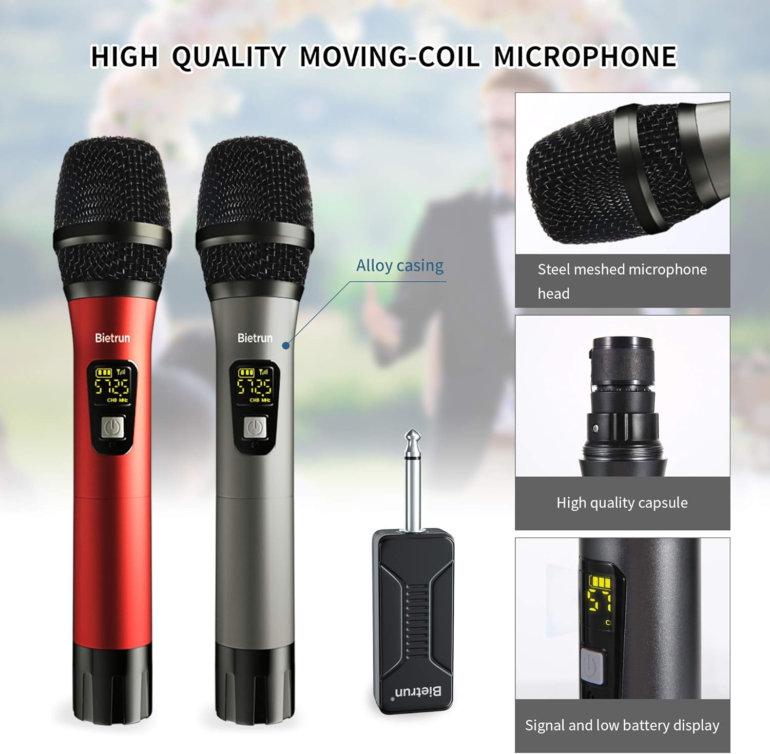Wireless Microphone, UHF Wireless Dual Handheld Dynamic Mic System Set with Rechargeable Receiver, 160ft Range, 6.35mm(1/4'') Plug, for Karaoke, Voice Amplifier, PA System, Singing Machine, Church: Musical Instruments