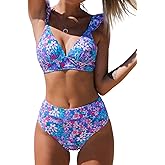 CUPSHE Women Bikini Sets 2 Piece Swimsuit High Waisted Bottom Floral Print Ruffle V Neck Bathing Suits