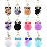 Hicarer 12 Pieces Fluffy Pom Pom Keychain Bulk Bow Rhinestone Faux Pompoms Keyring for Women Bags Craft, 12 Colors(Chic Colors)