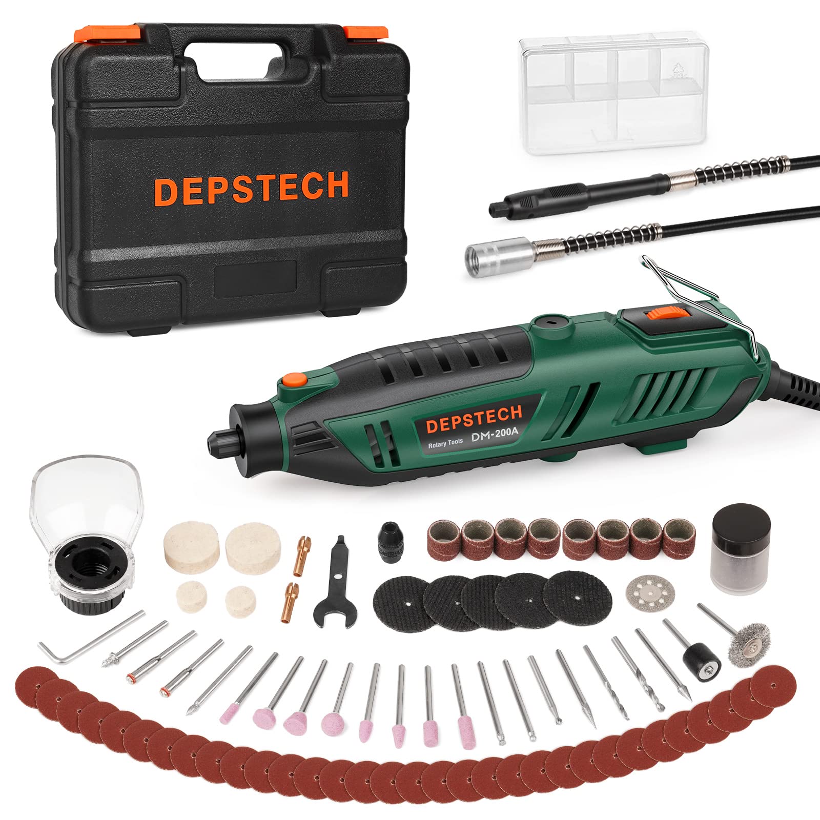 DEPSTECH Rotary Tool Kit, 200W Rotary Multi Tool 6 Variable Speed 10000-40000RPM with Keyless Chuck and Flex Shaft, 128pcs Accessories Set for DIY Craft, Engraving, Cutting, Sanding, Polishing-DM200A