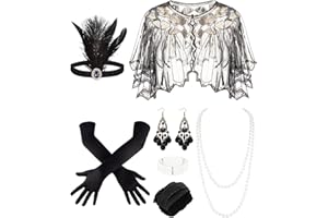 9 Pieces 1920s Flapper Accessories Gatsby Costume for Women Roaring 20s Accessories Set with Shawl, Headpiece, Pearl Necklace