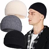 PHILIGHTS 3PCS Short Fisherman Beanie Hat for Men Women, Wool Knit Cuff Winter Warm Hats