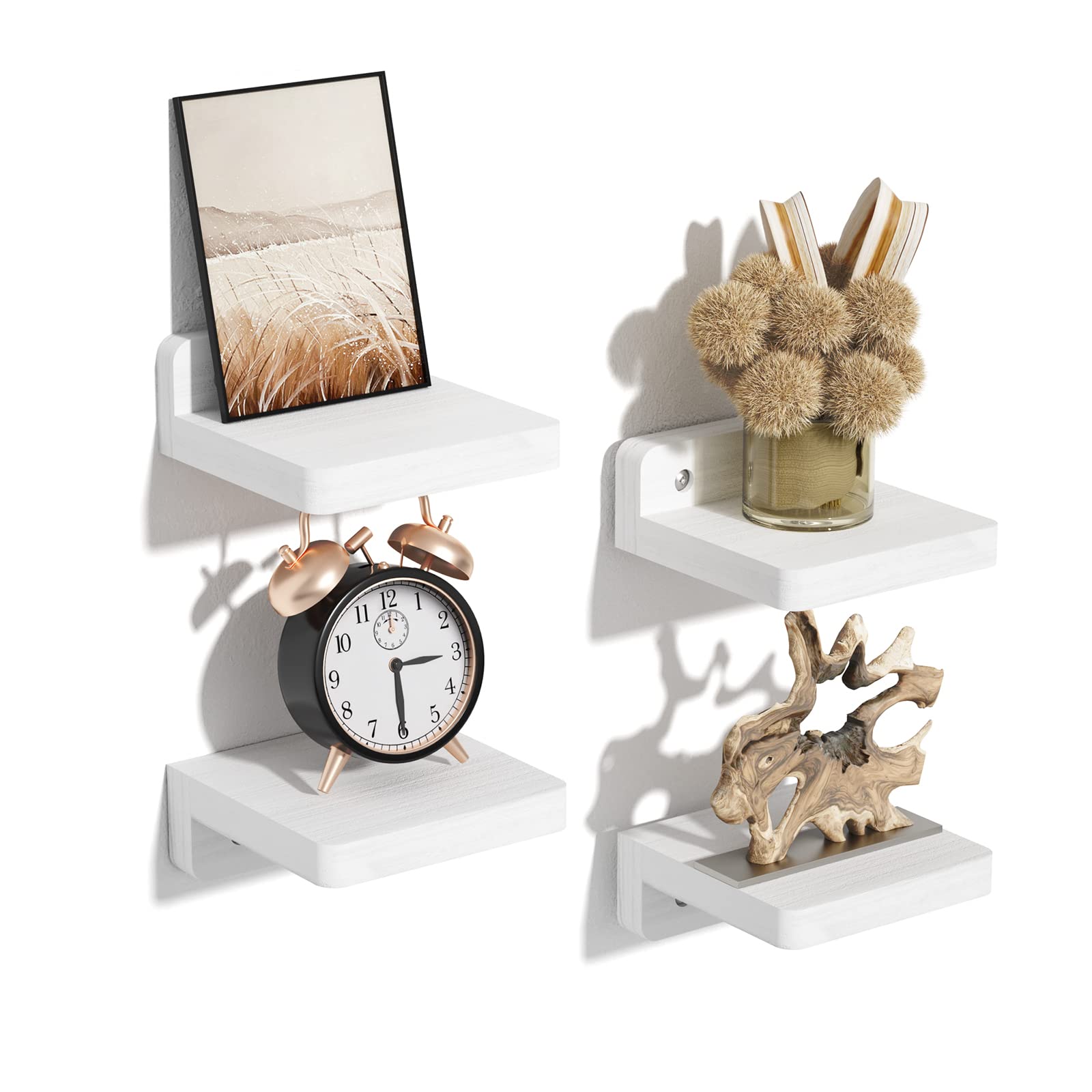 SRIWATANA Small Floating Shelves for Wall Set of 4, Decorative Wooden Shelves Wall Mounted for Bedroom, Living Room, Bathroom, Kitchen, White