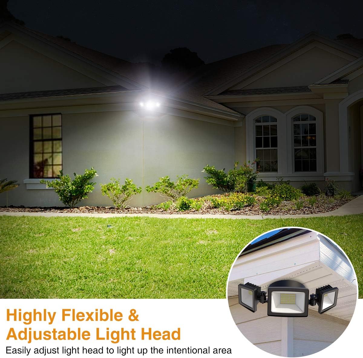 Onforu 2 Pack 50W LED Security Light, 5000LM LED Flood Light Outdoor Fixture with 3 Adjustable Heads, IP65 Waterproof, 5000K Day White Wall Mount Security Light for Eave, Exterior Garden, Porch - - 