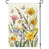 ARGOOFG Spring Bird Daffodil Garden Flag 12x18 Inch Double Sided Outside Watercolor Flowers Seasonal Decorative Small Flag Outdoor Yard Porch Decoration