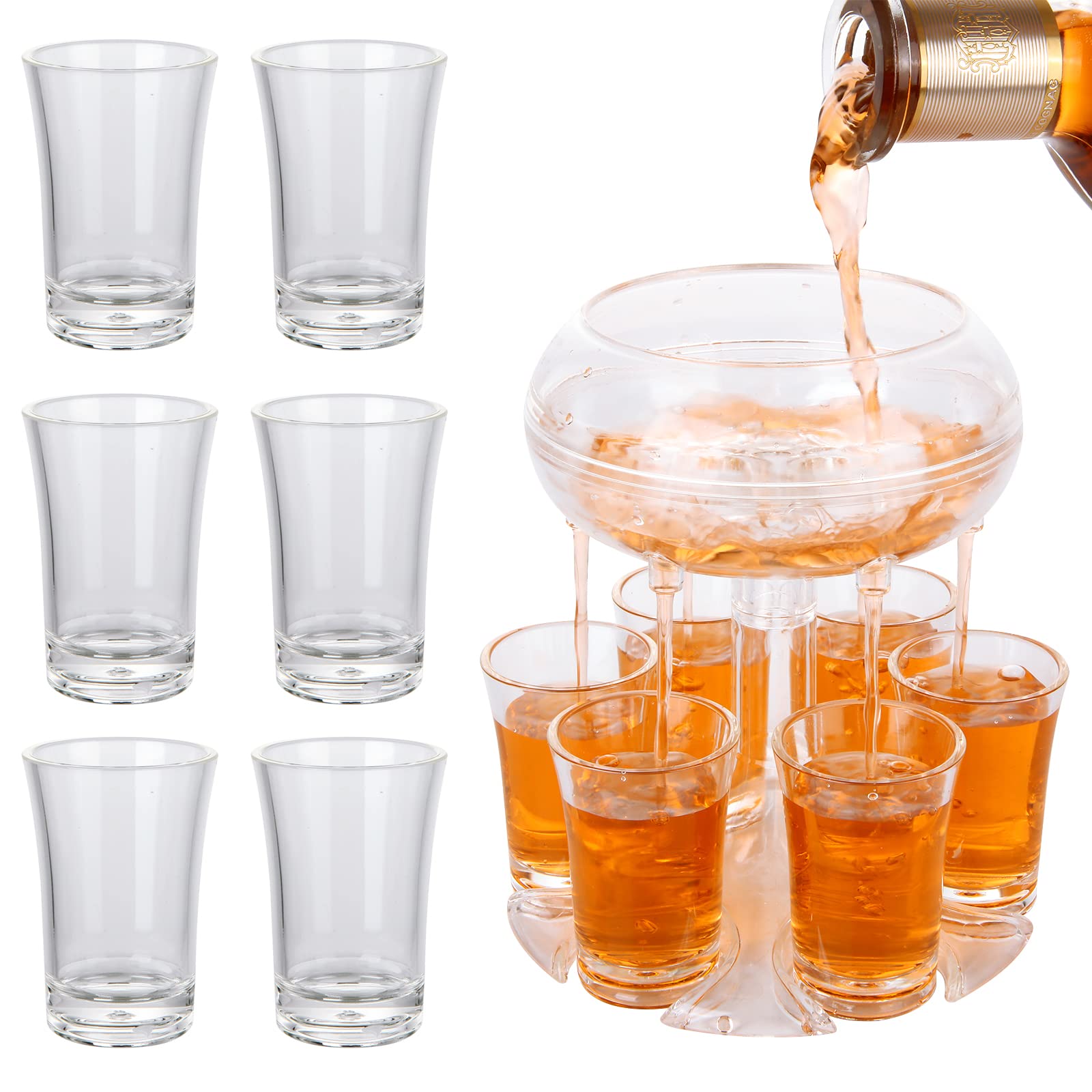GOYADA Clear 6 Shot Glasses Dispenser and Holder, Transparent Shot Dispenser with Glasses, Acrylic 6 Shot Glasses Beverage Drinks Pourer Dispenser for Party Home Drinking Games