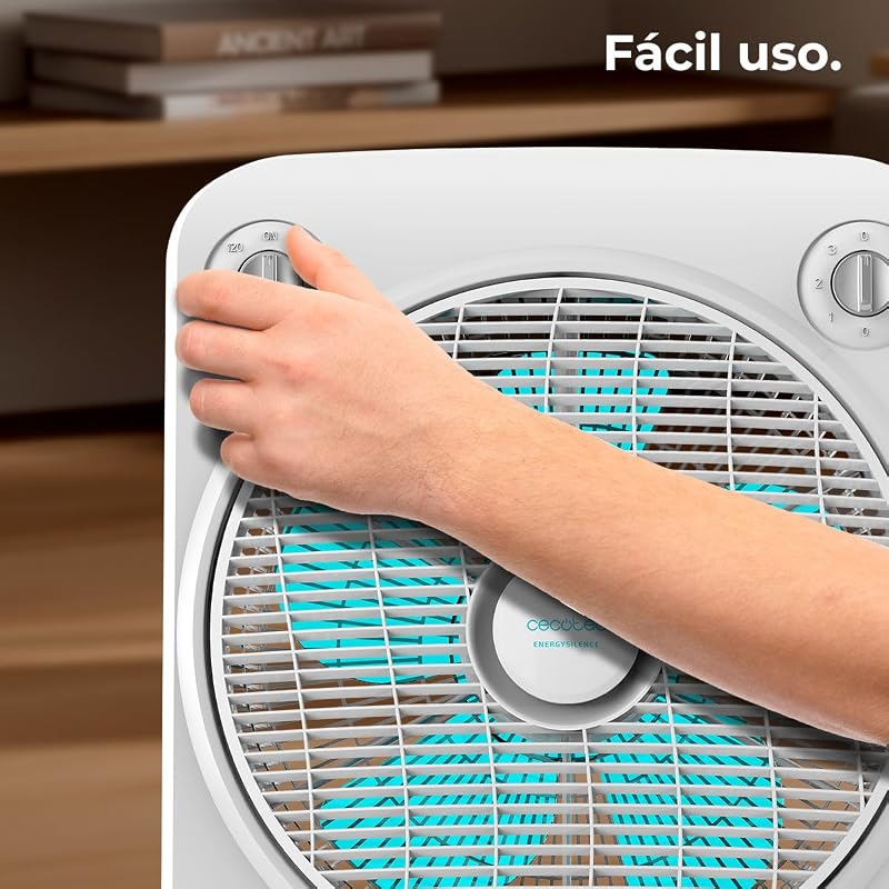 Ventilador de chão branco EnergySilence 6000 Power Box Cool. Motor de cobre, 50W, 12" de diâmetro com 5 pás, grelha rotativa, 3 velocidades, temporizador de 2 horas, uso simples e seguro