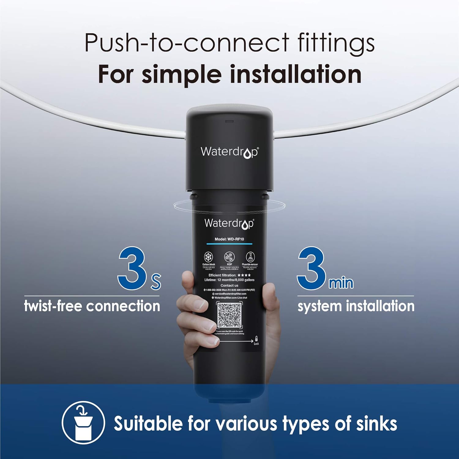 Waterdrop 10UB Under Sink Water Filter System, 8K High Capacity Drinking Water Filtration System, with Dedicated Brushed Nickel Faucet, Removes 99% Lead, Chlorine, Bad Taste & Odor, USA Tech - - 