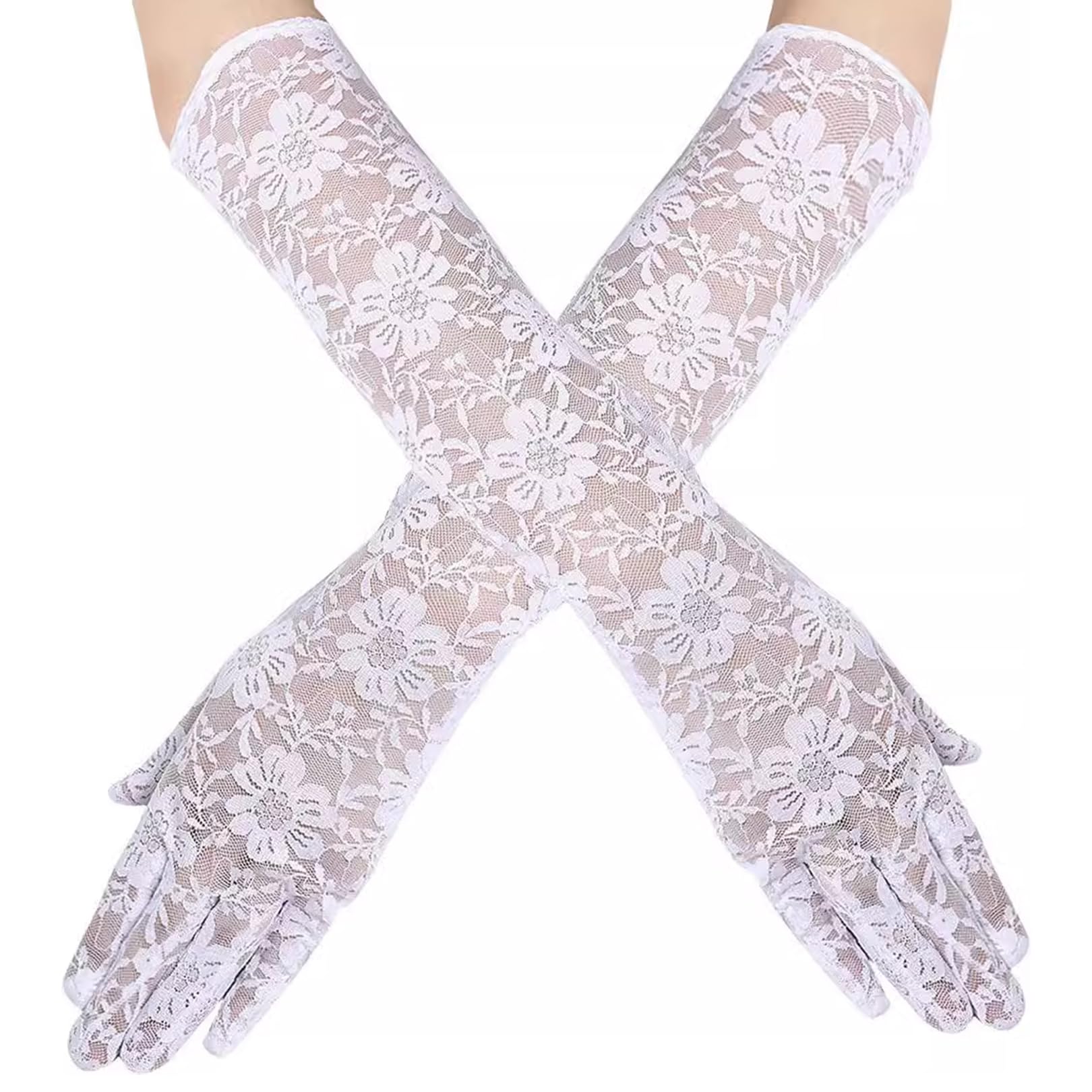 VilaGi Long Lace Gloves,White Lace Gloves for Women Elbow Length Gloves Wedding Prom 80s Floral Evening Opera Gloves Ladies Fancy Dress Accessory Halloween Party Costumes Gothic Masquerade