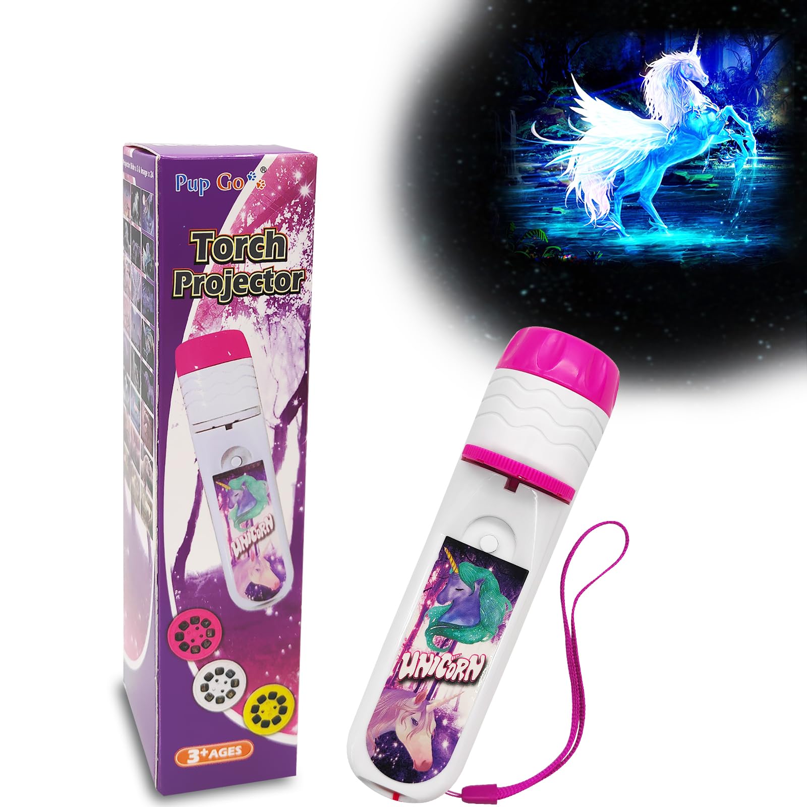 Pup Go Unicorn Torch and Projector for Kids Ages 3 4 5 6 7 8, Early Christmas Presents and Stocking Fillers for Girls, 3 Discs 24 Images, Pink Torches Toys, Kids Torch Projector Night Light