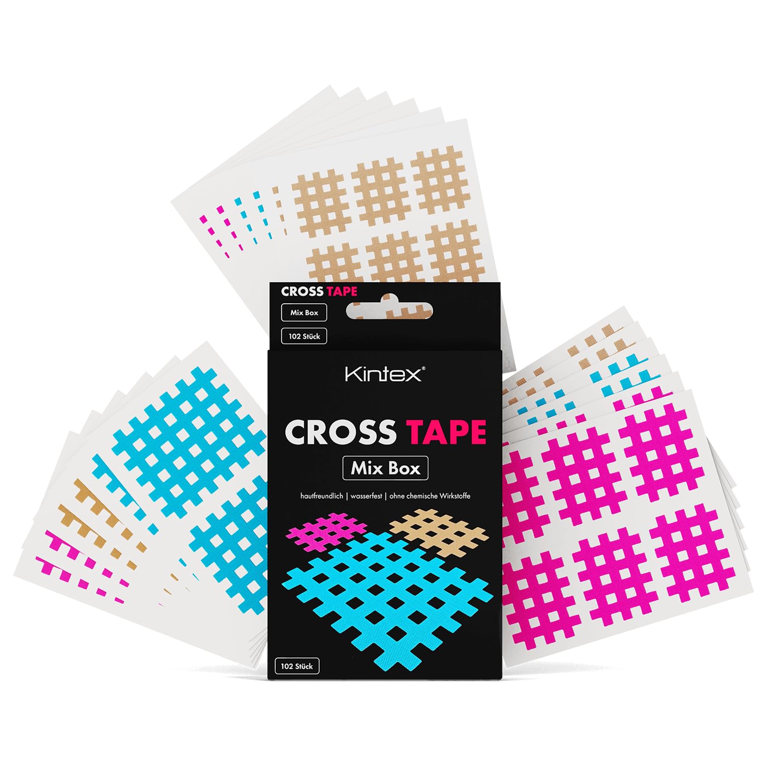 Kintex Cross-Tape Mix-Box 102 Plasters Mixed (Beige, Blue, Pink) Acupuncture Trigger Grid Plaster Grid Tape Set of 3 Sizes - Type A, B, C