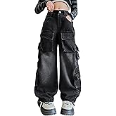 Rolanko Girls Cargo Pants Baggy Y2K Cargo Trousers Jeans Wide Leg Pants with Multi Pockets 4-15 Years
