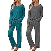 Ekouaer Womens 2 Pack Pajama Set Short & Long Sleeve Pajamas Top and Pants V Neck Pjs Set Soft Loungewear with Pockets