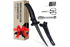AQUANESIA Fishing Knife Set, 4pcs Boat Fish Cleaning Kit Includes Stainless Steel Fishing Knives Fish Scaler Fin Scissors & Sharpener Durable Gift for Anglers Fishing lover Men, Camping, Boating