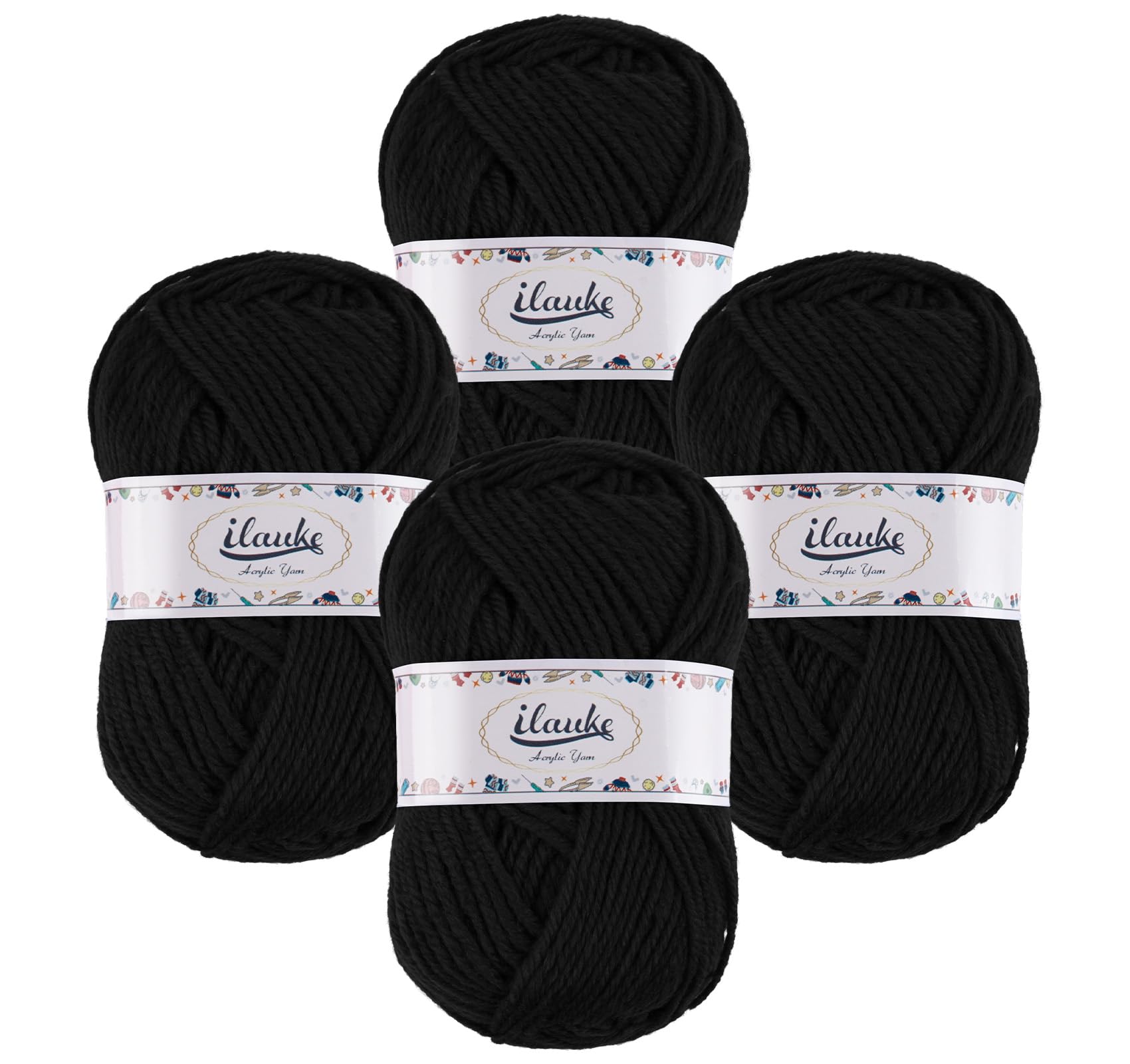 ilauke Black Yarn, 4 x 50 g Chunky Yarn for Crochet, Black Wool for Knitting, Lightweight, Hypoallergenic & Durable Double Knit Acrylic Crochet Yarn