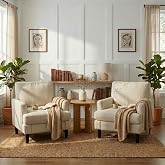Kromax Accent Chair for Living Room Set of 2, Modern Reading Chair, Beige | Mid-Century Reading Chair for Bedroom, Comfy Upholstered Armchair with Sturdy Legs, Single Sofa Chair for Apartment