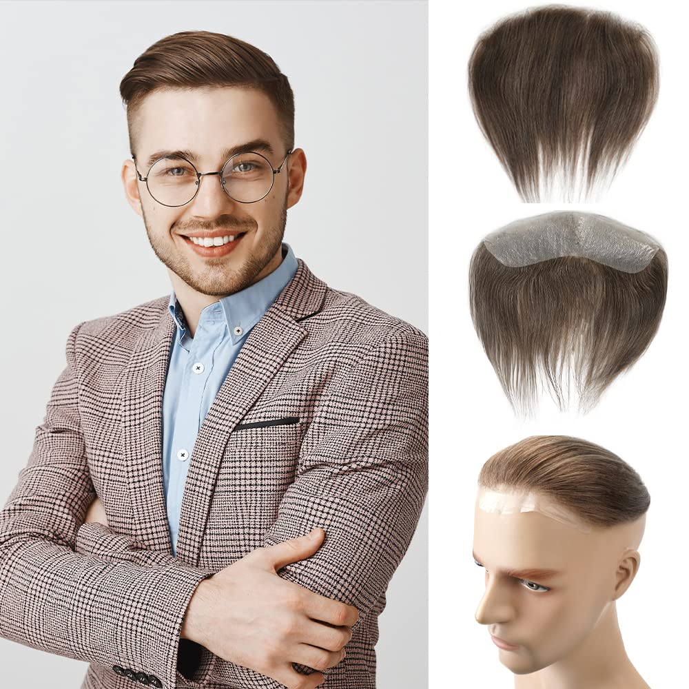 Lordhair V-Shape Frontal Hairpiece for Men, Natural Human Hair System with PU Thin Skin for Receding Hairline Coverage