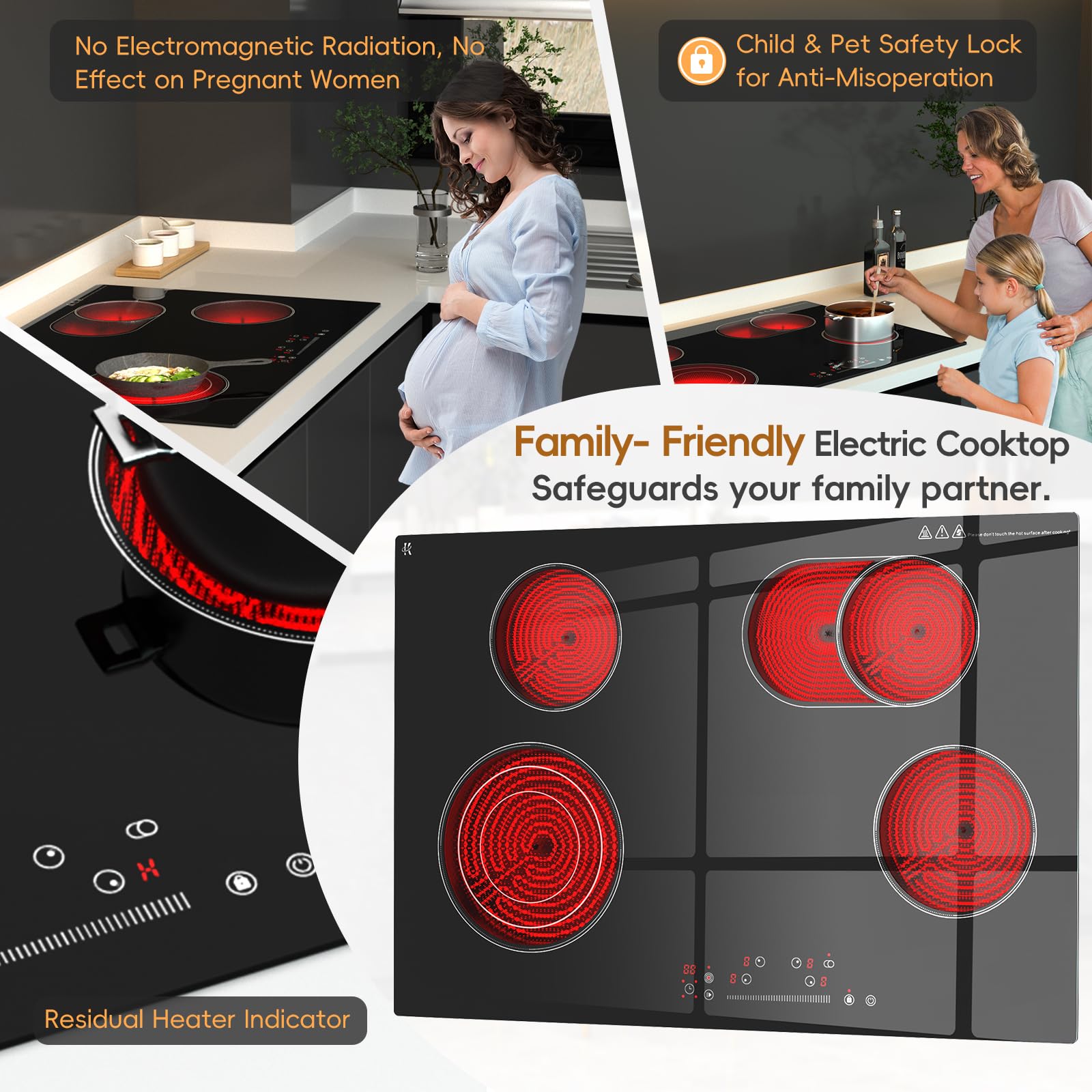 30 inch Electric Cooktop 4 Burner, 7200W Built-in Stove Top Burner with Sensor Touch Control, Radiant Electric Ceramic Cooktop with Safety Lock, 9 Level Power, 99 Min Timer - Hard Wire