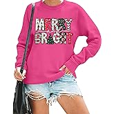Christmas Sweatshirt women Merry and Bright Graphic Pullover Christmas Letter Print Long Sleeve Xmas Gift Holiday Tops