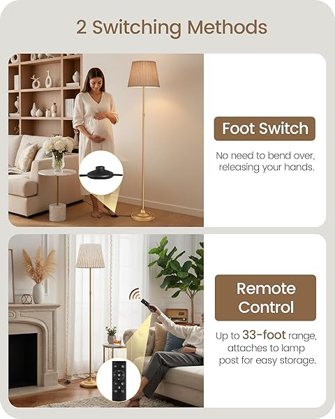 GOEBLESON DIMMABLE FLOOR LAMP FOR LIVING ROOM, 68″ TALL STANDING LAMP, READING LIGHT WITH REMOTE & FOOT PEDAL, 10W LED BULB (3000K-6500K) INCLUDED, FCC LISTED, REINFORCED BASE, GOLD AND BEIGE DE12LD05