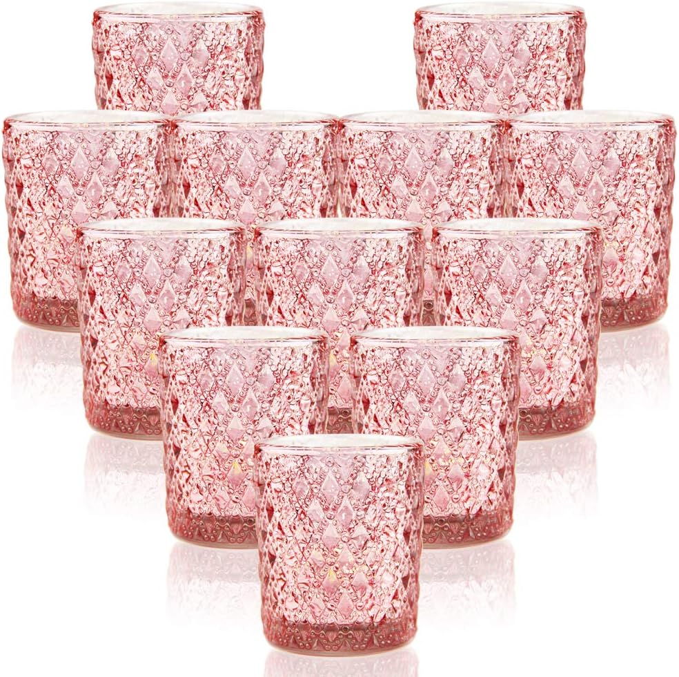 SHMILMH Rose Gold Votive Candle Holders Set of 12 Mercury Glass Tealight Holder for Table Centerpiece Room Decor Wedding, Birthday Decoration, Pink: Kitchen & Dining