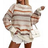 Saodimallsu Womens Striped Sweater Color Block Crew Neck Long Sleeve Fall Colorful Rainbow Knit Loose Pullover Top