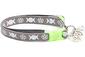 PUGS TO PERSIANS Wicca Cat Collar with Occult Charm & Bell | Witch’s Familiar Cat Collar | Witch Kitten Collar Charms | Glow in The Dark | Safety Breakaway Collar (Large(10lbs & Up), Silver)