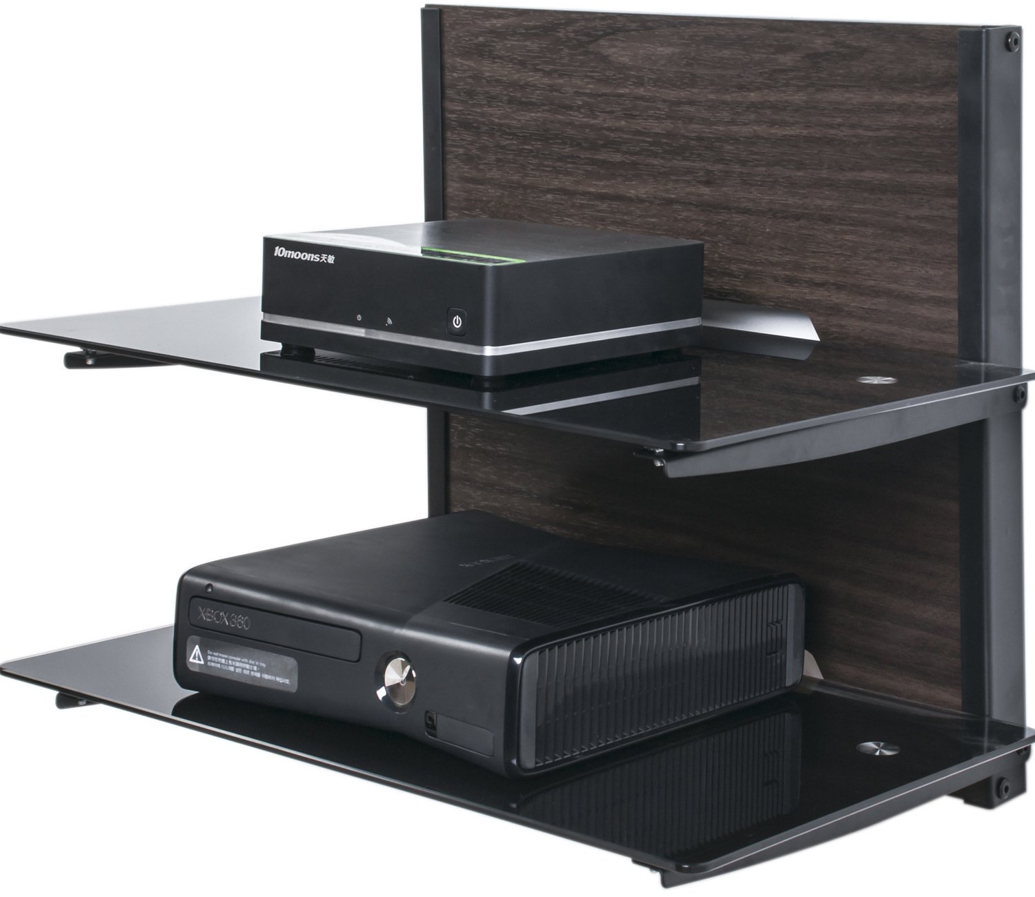 Fitueyes 2 Tier Wood Av Shelf Component Wall Mount with Tempered Glass